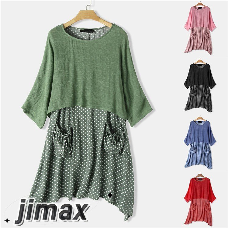 セットアップ レディース カジュアル 夏 ワンピース ロングワンピース トップス tシャツ ゆるっとワンピース ゆったり ドット柄 大きいサイズ 体型カバー 2点セット 30代 40代 50代 春 秋