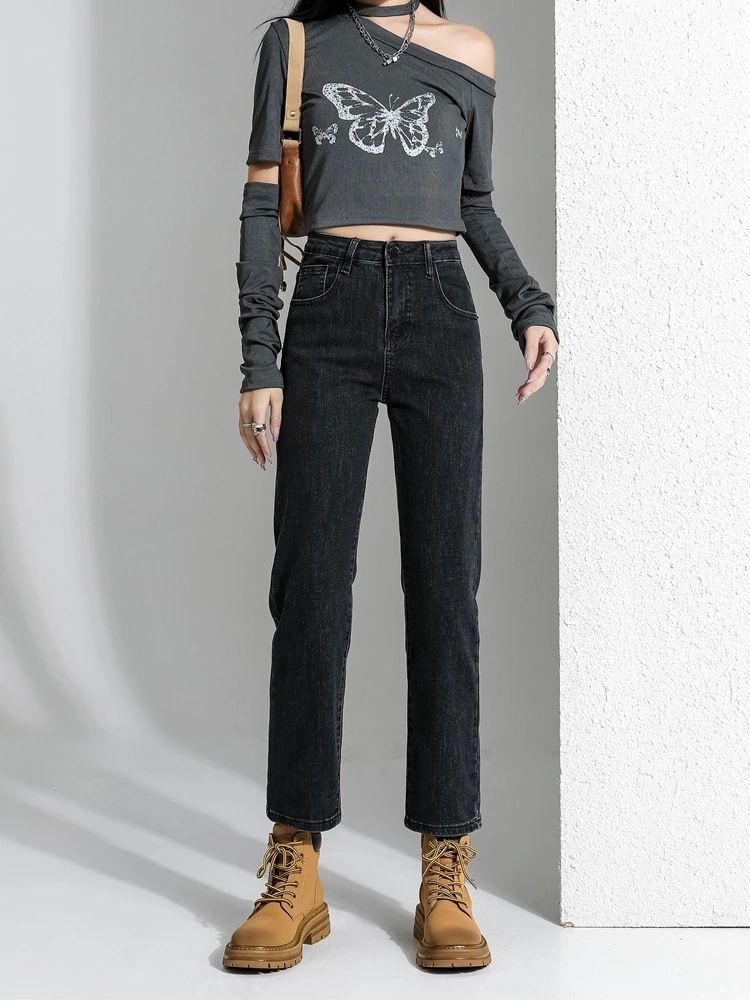 黒とグレーのストレートジーンズ女性春春冬春と春新しい薄い小さなl9ポイントハイウエストの息子