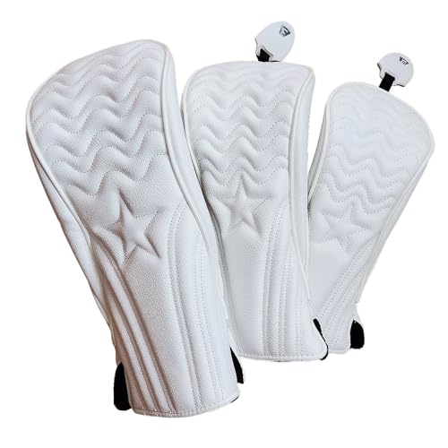 ゴルフ ヘッドカバー クラブ カバー ドライバー 440cc 460cc ウッド ユーティリティ UT カバー パター カバー 防水 おしゃれ 波 星模様 (ホワイト, 3点セット（DR,FW,UT）