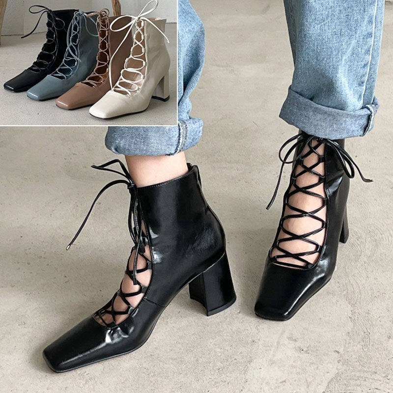 4color 女性らしい, シックな雰囲気の レースアップデザイン． バックファスナー付きで履き脱ぎ楽ちん スクエアトゥ 7cmヒール．太めヒール ハイカット．ショートブーツパンプス