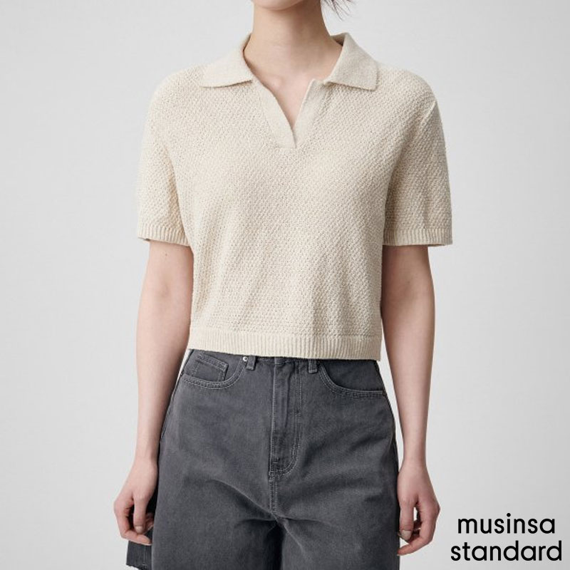 [무신사] ウーマンズ リネン ブレンド テクスチャー ド ニテッド ポロ シャツ ( LIGHT IVORY )