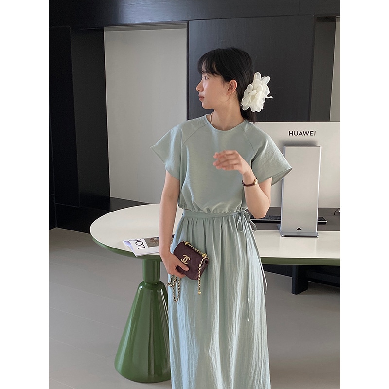 江左麻レディーススーツ半袖ツーピースソリッドカラートップ+ハイウエストスカートレディース6021プルオーバー