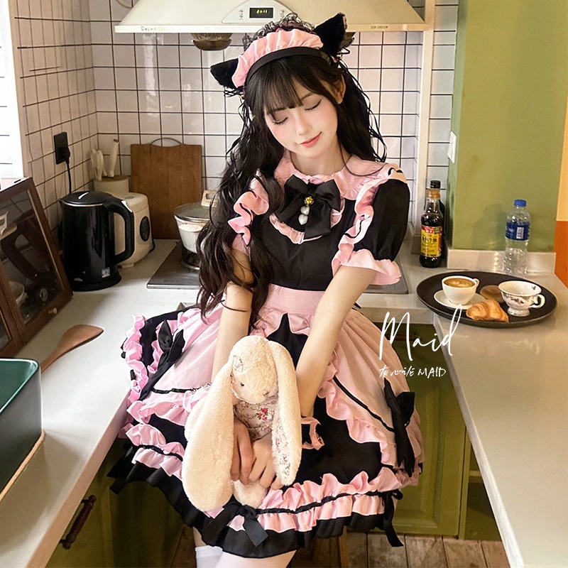 猫娘黒とピンクのメイド衣装コスプレ衣装ハロウィンロリータプラスサイズドレス