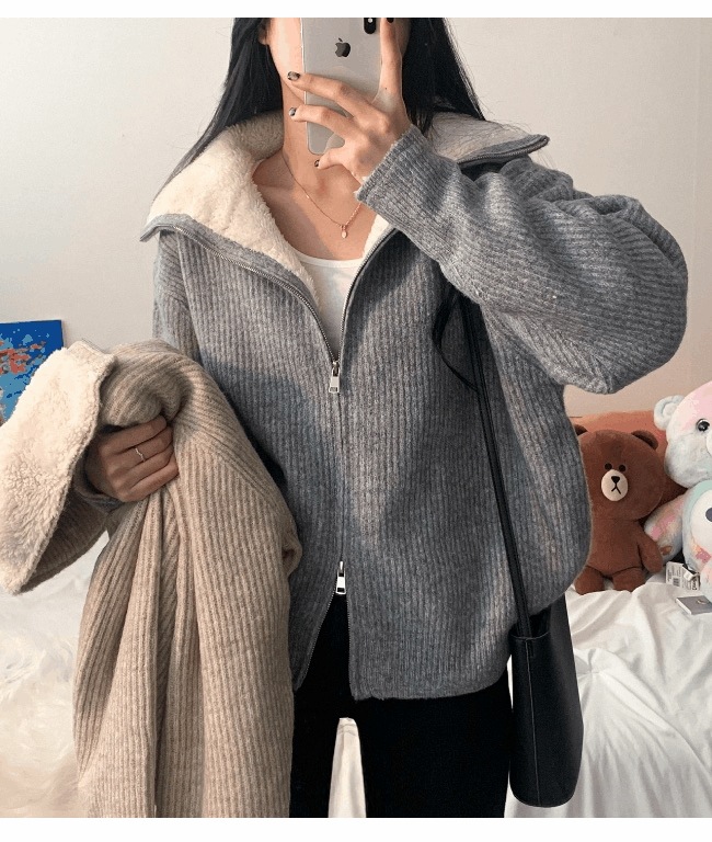 [裏地毛/ルーズフィット] ハイウールタートルネックボア ニットジップアップ (5col)