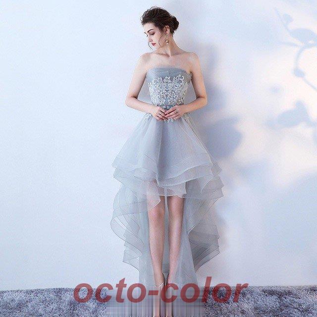 パーティードレス ベアトップ ビスチェドレス 前短後長 フレア お洒落 Aライン 二次会ドレス 黒 ブラック 20代 成人式ドレス グレー ワイン赤 お呼ばれ