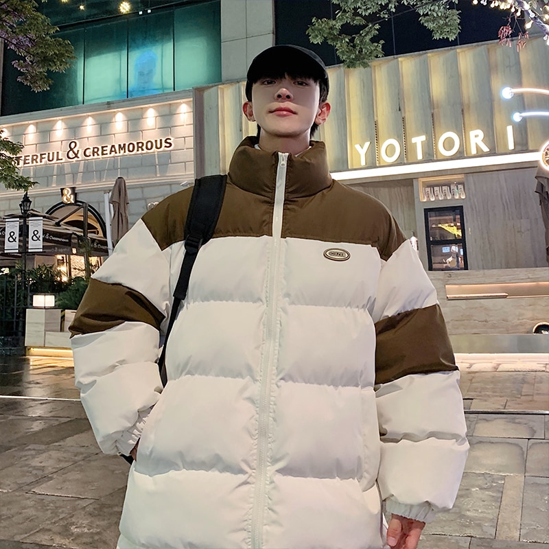 送料無料伸縮性のある襟付きの厚手のメンズカジュアルパッチワーク,パッド入りジャケット,メンズコート