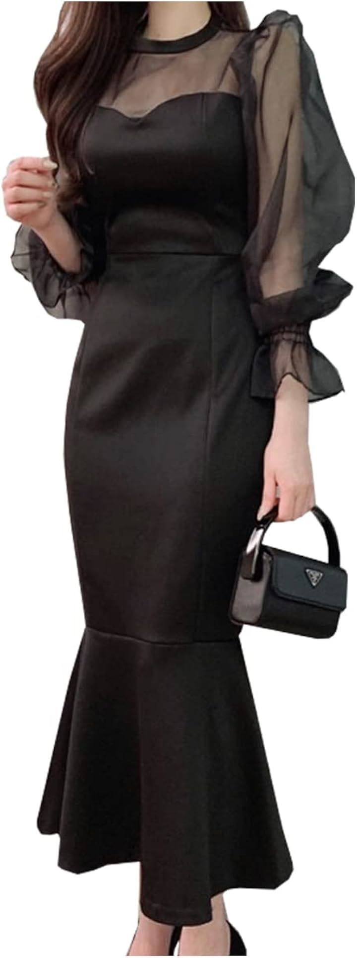 マーメイド ワンピース ロングドレス ミモレ丈 チュール シアー袖 透け 結婚式 パーティー 2次会 韓国 夏用 ペチコート 裏地 ペプラム 衣装( ブラック, Free Size)