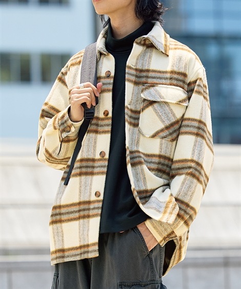 ダウンジャケット シャギーチェックオーバーサイズシャツジャケット