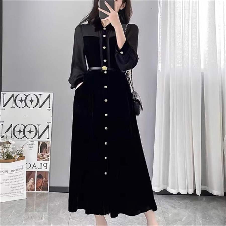 ドレス ロングドレス ワンピース パーティドレス ロング ミモレ 袖あり 長袖 Vネック Aライン フレア ドッキング 異素材切り替え ベロア エレガント 可愛い 大人可愛い きれいめ 7,480円