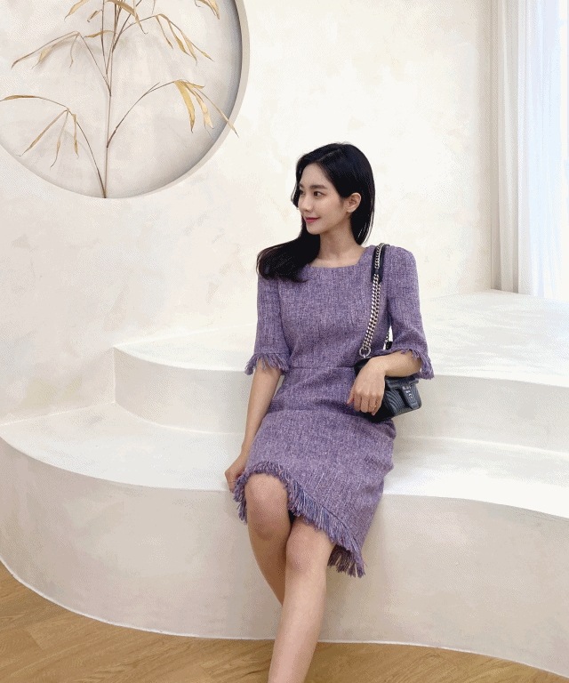スクエアネック パフ ツイード ワンピース