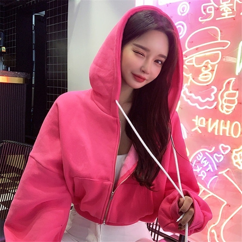 パーカー カーディガン フード付き ショート丈 ジッパー 前開き 長袖 ルーズ 韓国 レディース かわいい 可愛い キュート 大人可愛い 大人女子 シンプル きれいめ カジュアル 大人 気品