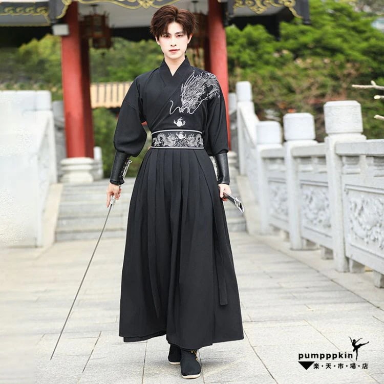 【2026 売れ中】肌ざわり高漢服 メンズ コスプレ衣装 華流 コスチューム 変装 男性用 黒系 龍 刺繍 中華服 人 舞台ステージ衣装 チャイナ服 上下3~4点セットアップ 長袖 交差襟 トップス