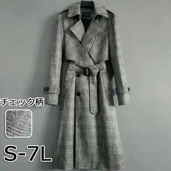 防寒トレンチコート メンズ アウター コート チェック柄 ロング丈 ロングコート カジュアル シンプル 無地 春 秋 軽量 フリーサイズ オーバーサイズ ビックシルエット スプリングコート ゆったり