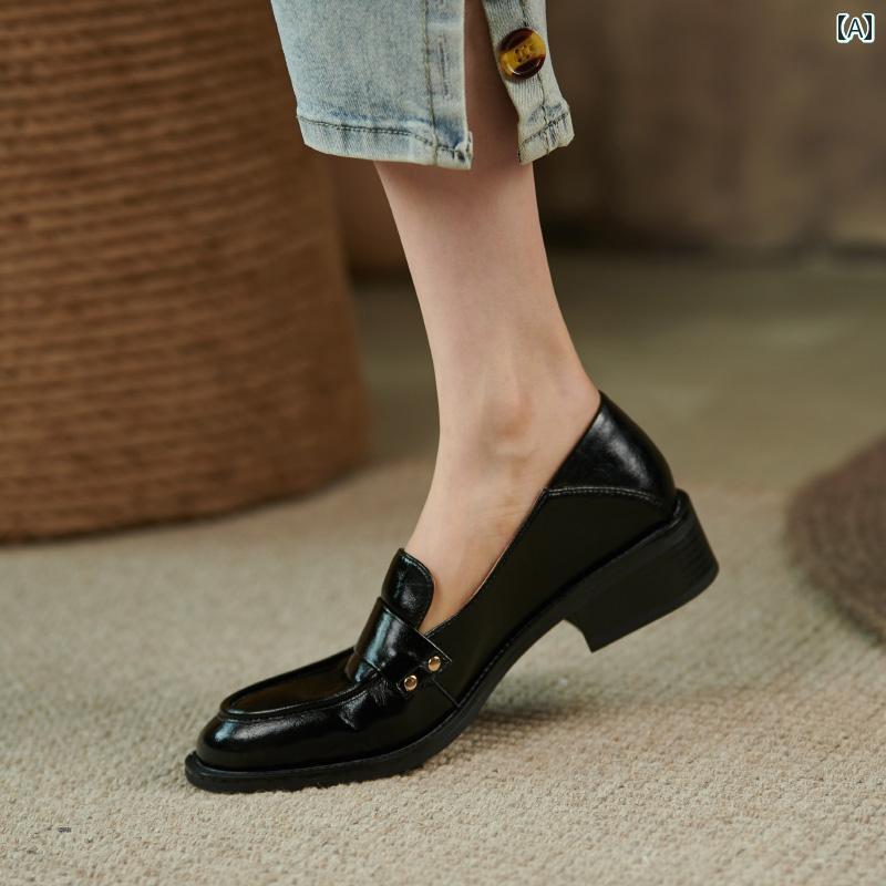ローファー レディース オフィス カレッジ 通勤 通学 仕事 英国風 レトロ シングル シューズ 太 ヒール ソフトレザー中 ヒール 小さめ 革靴 女性用 革 スリッポン ソフト ソール 婦人靴 10,066円