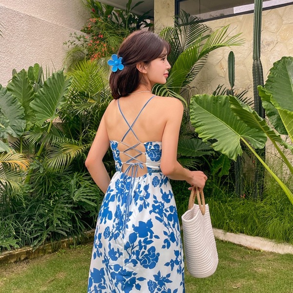 (Vivarup) シーブルービーチドレス OP20187F サマーストラップオフショルダーバッククロスバックレスフラワービーチドレスリゾートバケーションルック