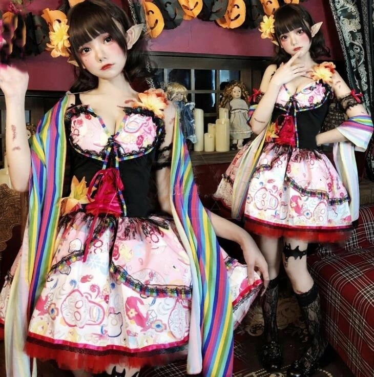 迅速な出荷 ハロウィン コスチューム 鬼花嫁 悪魔 巫女 吸血鬼 ヴァンパイア コスプレ衣装 膝丈ワンピース セクシー 裾フリル レース 花 ショール4点セット お姫様 ロリータドレス 舞台ステージ衣