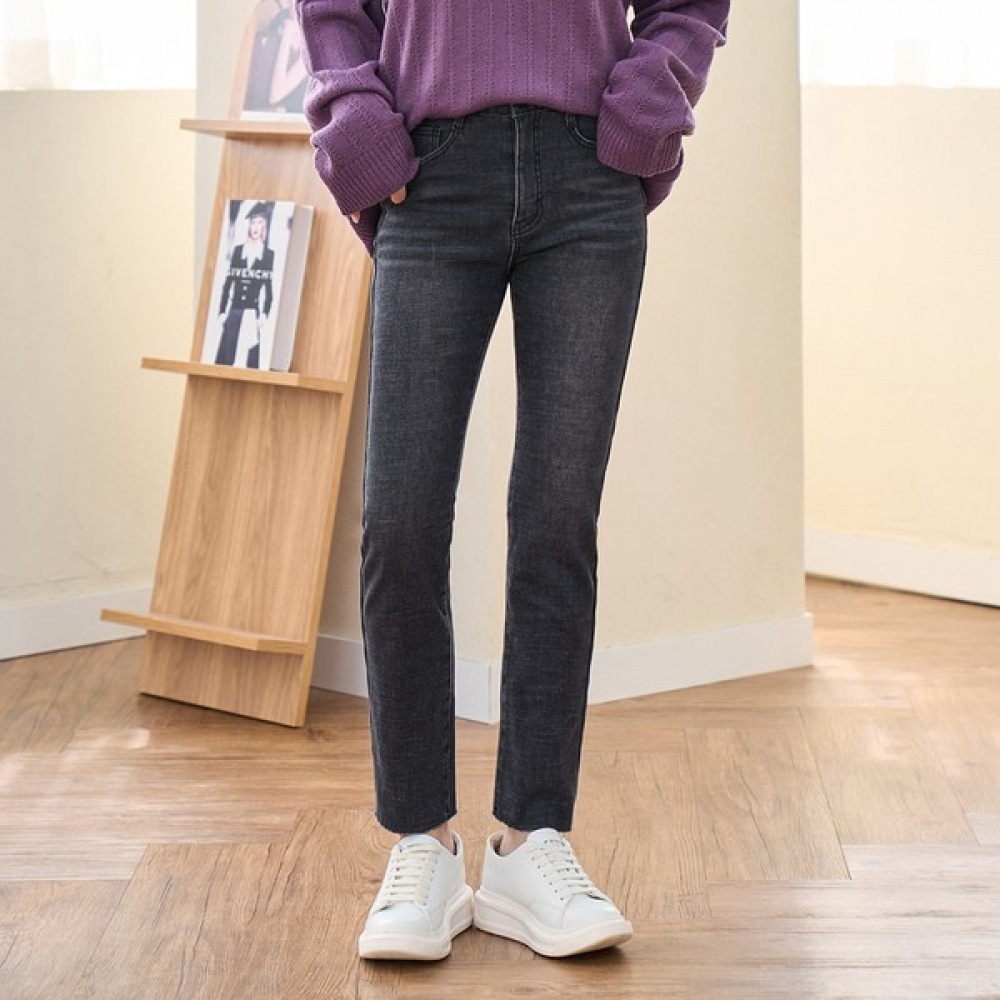 (Jinmania) ウォッシュブラックスパンボトムカッティングボートスキンボンデッドブラッシュドストレートデニムパンツ