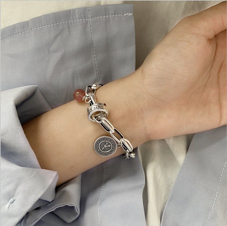 スターリングシルバーレトロタイシルバーチェーンアンカーストロベリークリスタルブレスレット女性用韓国スタイルコールドスタイルイン