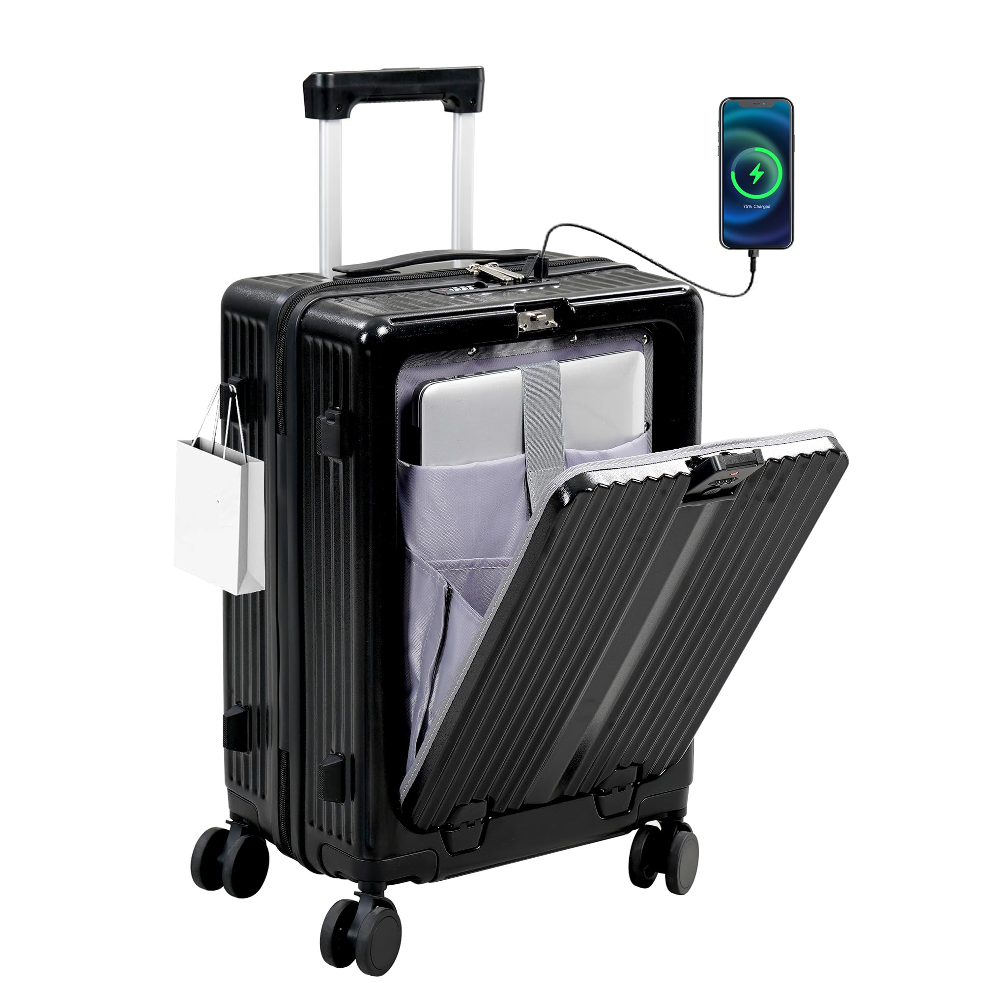 [FLEXISPOT] 前開きキャリーケース スーツケース L1 耐衝撃 超軽量 USBポート付き 充電 Sサイズ 大容量 1-3泊 旅行 ビジネス 出張 静音 ダブルキャスター カップホルダー付き
