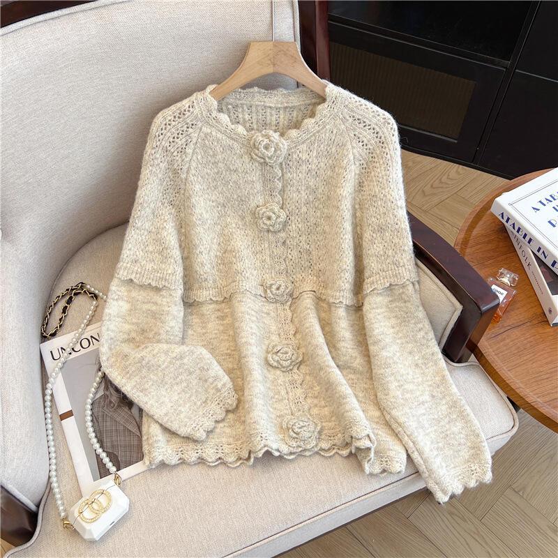 gifts for women keep warm かわいい立体フラワーセーターコート女性の秋と冬の新しい大きいサイズ脂肪ミリメートルかぎ針編み右肩ニットカーディガン