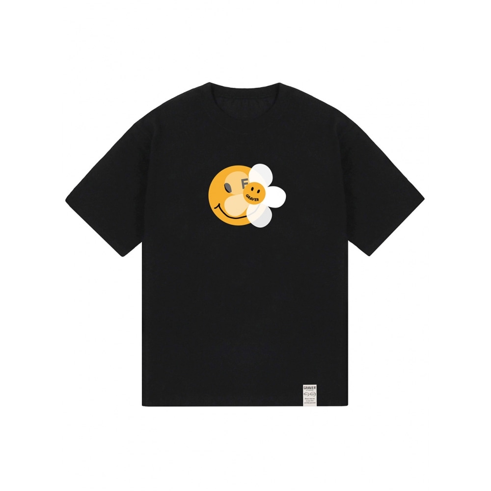 GRAVER ドットスマイルフラワーミックス半袖Tシャツブラック