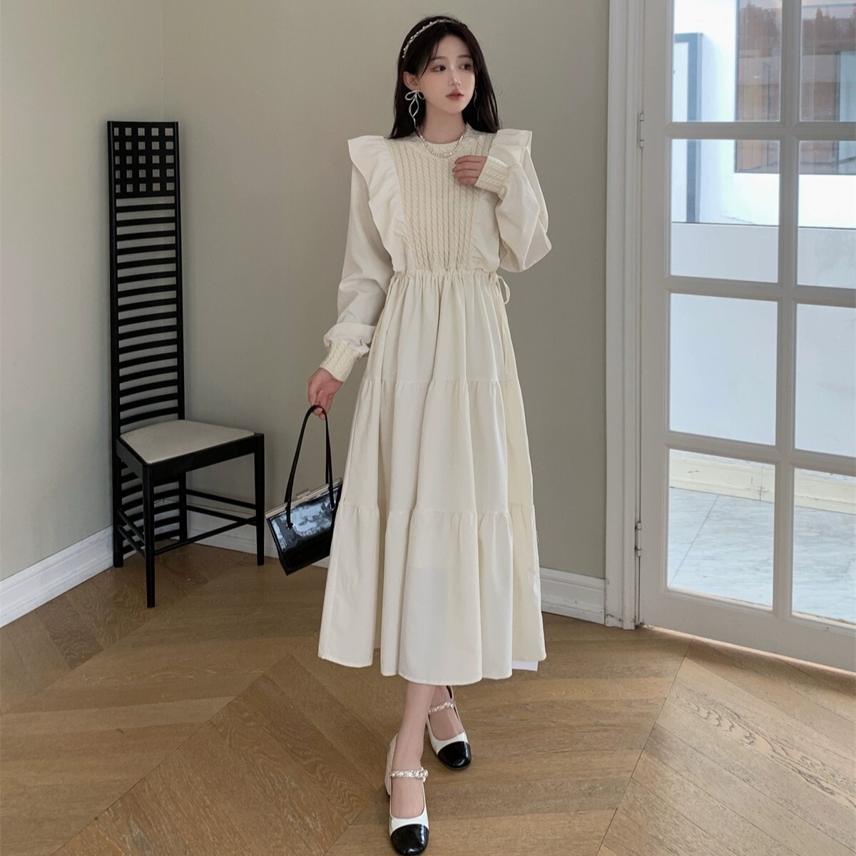 ワンピース フレアワンピース ティアードワンピース ワンピドレス 膝下 ロング丈 長袖 ラウンドネック フレア Aライン 切り替えデザイン ドッキング フリル リボン ウエストリボン 編み込み 5,314円