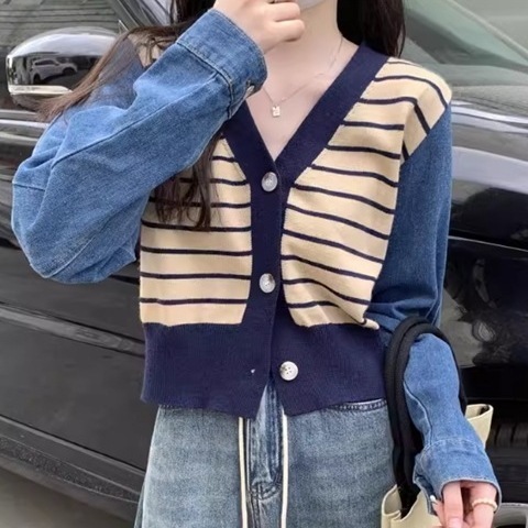 レディース トップス ニット セーター カーディガン ミドル丈 長袖 Vネック ボタン 切り替えデザイン ドッキング デニム ブルーデニム ストレッチ 伸縮性 かわいい 大人可愛い カジュアル