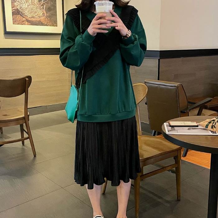 ワンピース レディース ミモレ ドッキング 切り替え プルオーバー フリル プリーツ 長袖 重ね着風 襟なし ラウンドネック 大人可愛い かっこいい 黒 緑 フェイク ワンピ ドレス カジュアル ブラ 7,346円