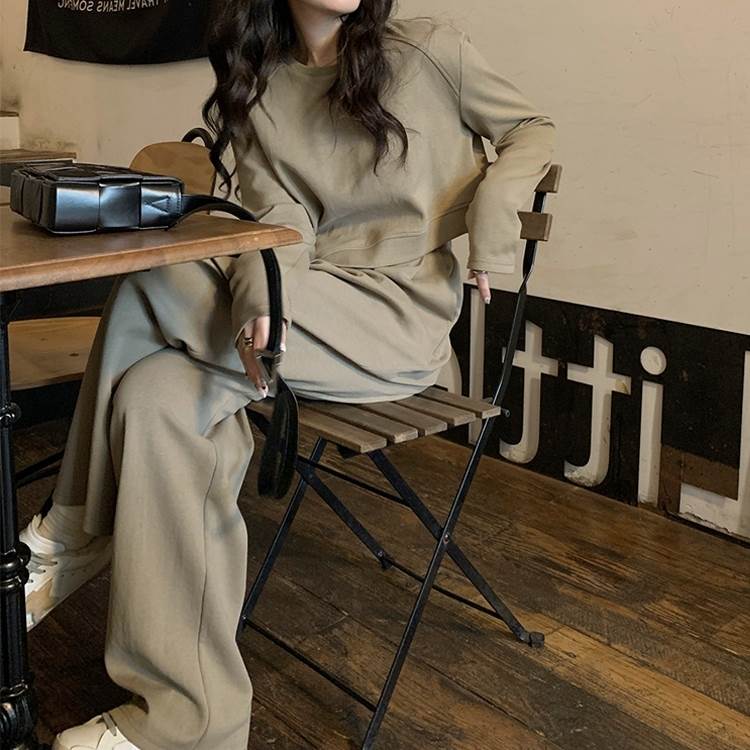 【急速出荷!】2色 セットアップ スウェット パンツ ジャージ 上下セット カーキ ブラック クルーネック アシンメトリー プルオーバー ドロップショルダー スポーツウエア スポーティー パーカー ズ