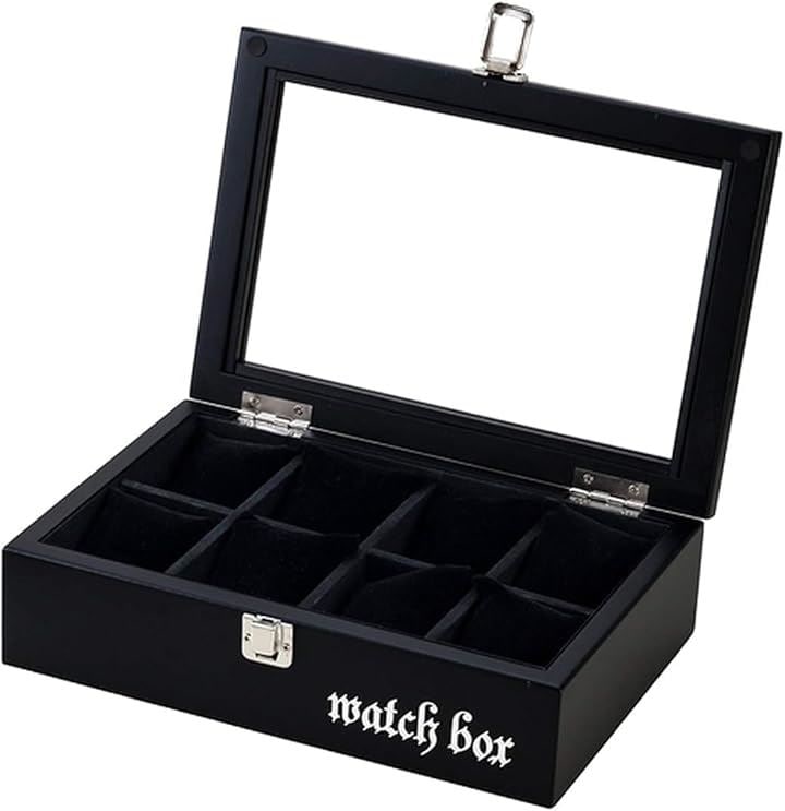 高級 木製 腕時計 収納 ボックス ケース スタンド 大容量 コレクション 透明ガラス N-J141-T(ブラック・文字有（8本用）)