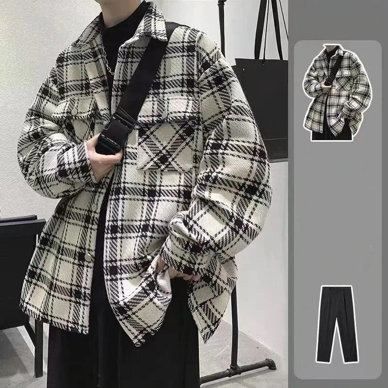 2点セット新作 ゆったり トレンド チェック ジャケット+ズボン 上下セット メンズファッション ハンサム セットアップ