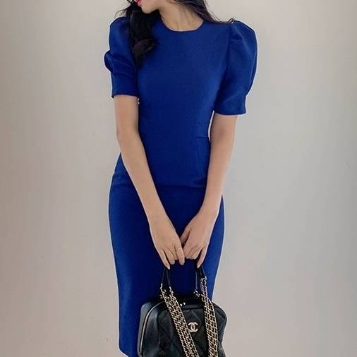 ワンピース ドレス レディース タイト 半袖 パフスリーブ スリット ウエストマーク リボン バックファスナー ラウンドネック ひざ丈 膝丈 お呼ばれ パーティ エレガント フォーマル 結婚式 S M