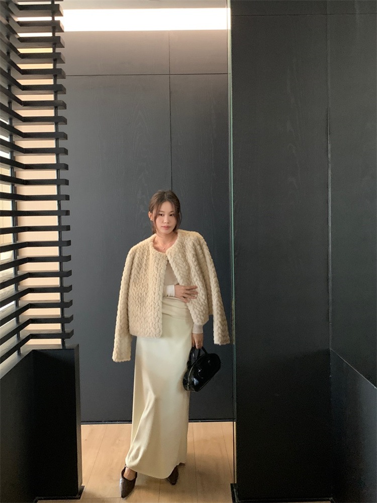 早い者勝ち 毛皮コート 気質 ゆったりする ギャザリング ショートコート コート ラウンドネック 麻花テクスチャ