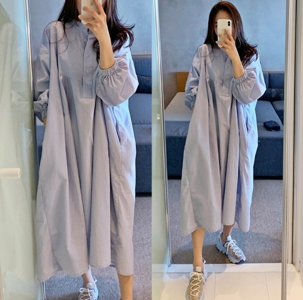 ワンピース ロング丈 マキシ丈 袖あり 長袖 ヘンリーネック 襟なし デザイン 美ライン ニュアンス レイヤード 軽やか リラックス かわいい 大人可愛い きれいめ シンプル カジュアル 大人 上品