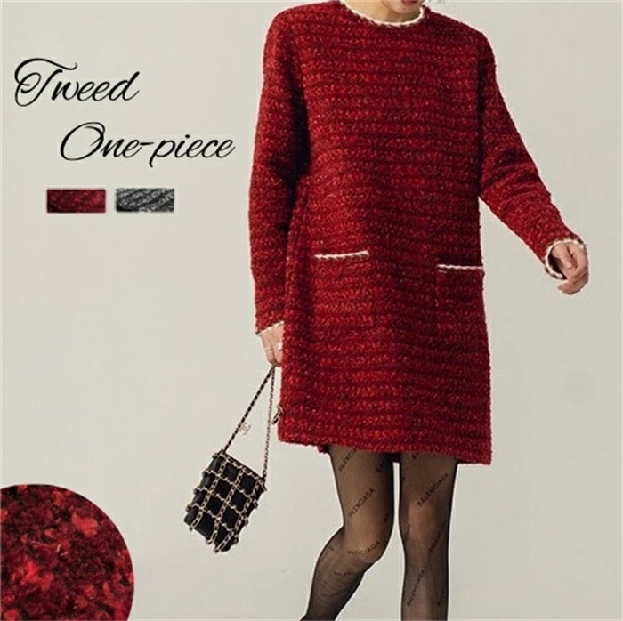 ツイード ワンピース レディース きれいめ ワンピ ツイードワンピ 長袖 ノーカラー 丸首 チュニックワンピース チュニック ドレス ワンピースドレス ズ ひざ上 膝上丈 ミニスカート 長袖ワンピース