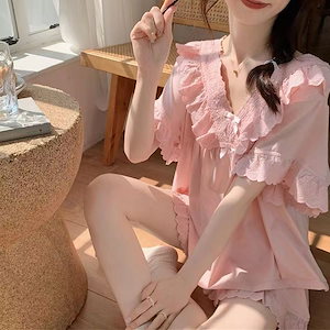 可愛い レースパジャマ 半袖 上下2点セット 大きいサイズ ルームウェア 部屋着 夏服レディース 韓国ファッション