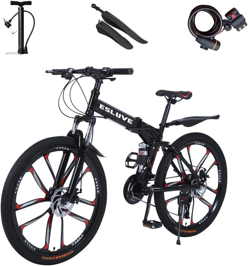 Esluve マウンテンバイク 26インチ 21段変速 折りたたみ自転車 ディスクブレーキ クロスバイク 泥よけ空気入れワイヤ錠のプレゼント付き 超高炭素鋼フレーム