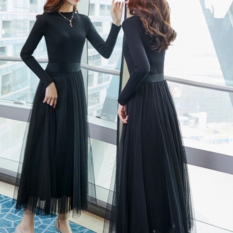 ワンピース フレアドレス レトロ レース パッチワーク メッシュ ニット生地 フェアリー ハイウエスト ウェストベルト ビッグフレア ミドルロング丈 ハーフスタンドネック タートルネック