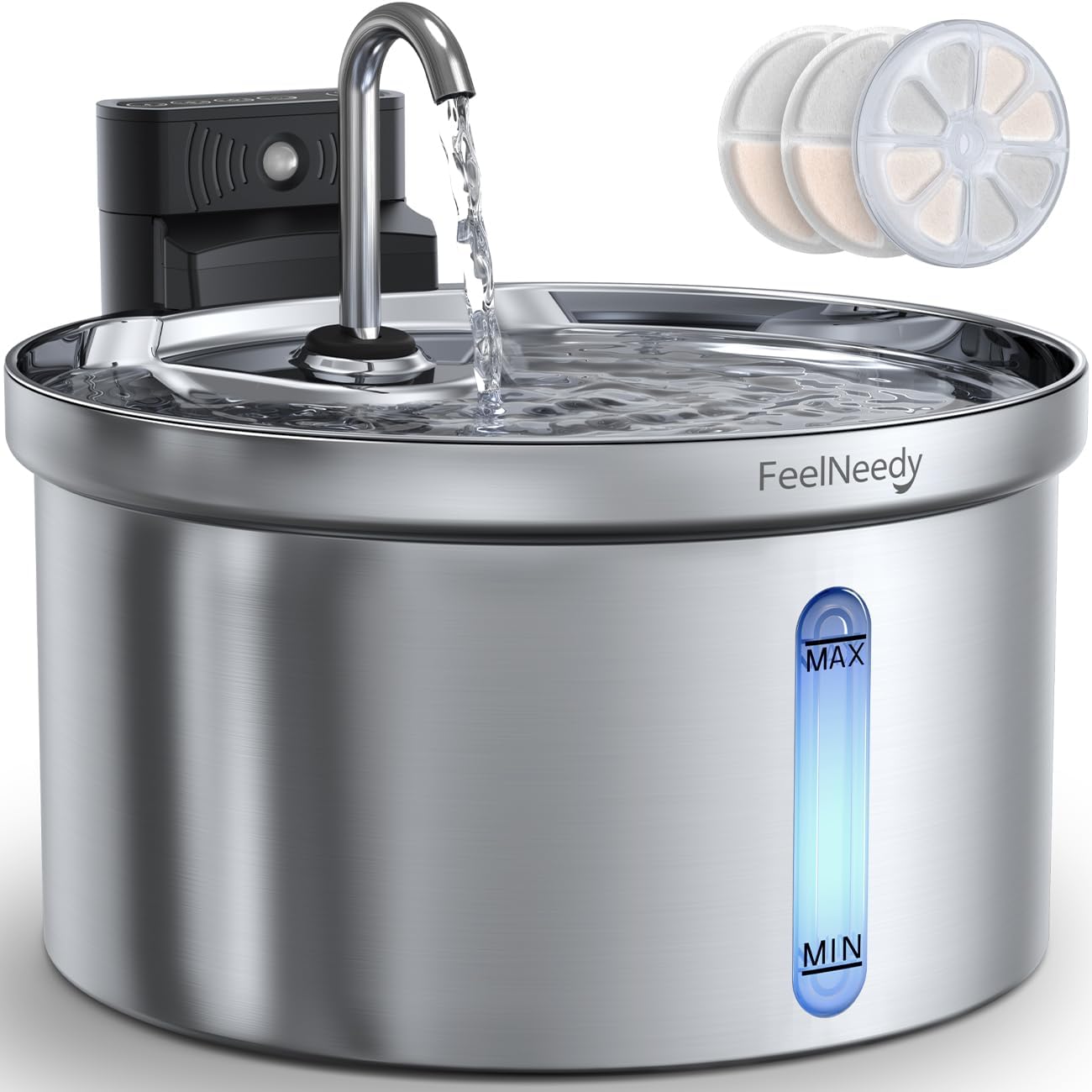 猫 水飲み器 自動 コードレス 充電式 FEELNEEDY 自動給水器 ペット水飲み器 猫 給水器 センサー タイマー 3.5L大容量/4000mAhバッテリー/活性炭フィルター3枚付 ステンレス製