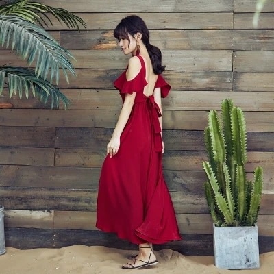 ワンピース オフショル オフショルダー ドレス ドレスワンピ ロング ロング丈 マキシ丈 肩だし 肌魅せ フレア フリル バックシャン 背中開き 背中魅せ バックオープン バックリボン ハイウエスト