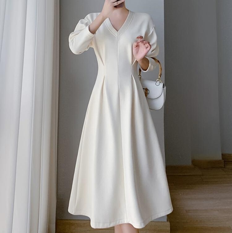 レディース ワンピース ミディアム 長袖 Vネック フレア Aライン リボン ハイウエスト 大人可愛い きれいめ シンプル カジュアル 上品 無地 秋 冬 入学式 入園式 卒業式 卒園式 謝恩会