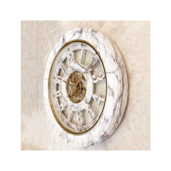 壁時計 壁掛け時計 無音 連続秒針 ウォールクロック 大理石風 マーブル 白 ホワイト 重厚感 円 丸 ヨーロピアン レトロ 歯車 インテリア