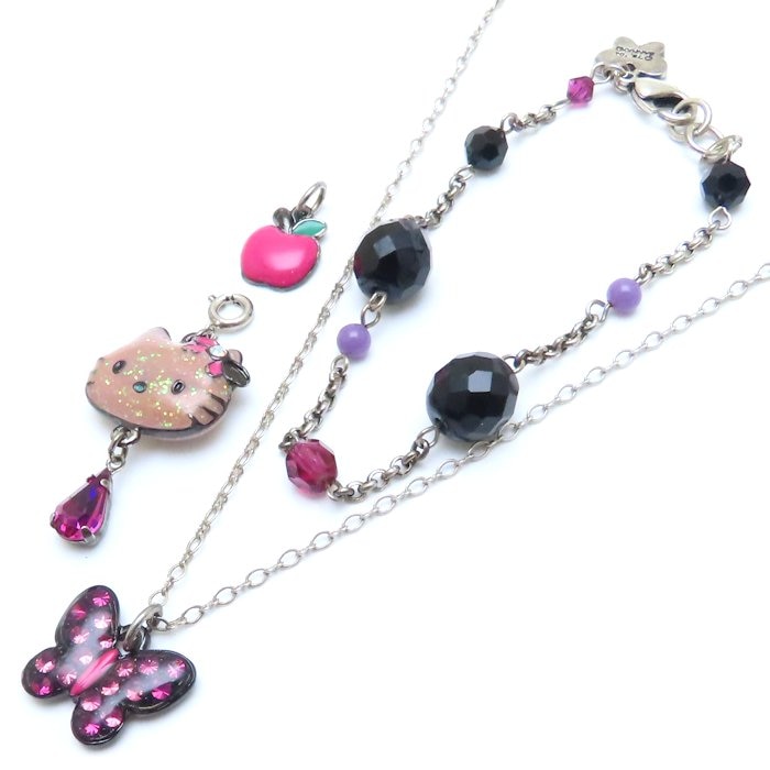 サンリオコラボ キティチャーム付き ネックレス ブレスレット セット バタフライ ラインストーン /293440【中古】