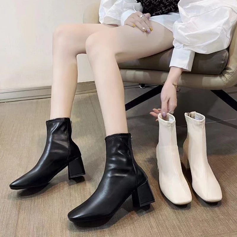 女性用スクエアトゥヒールブーツ,ジッパー付きレザーブーツ,ショートドレスシューズ,サイドジッパー付きブロックヒール,秋 - 322