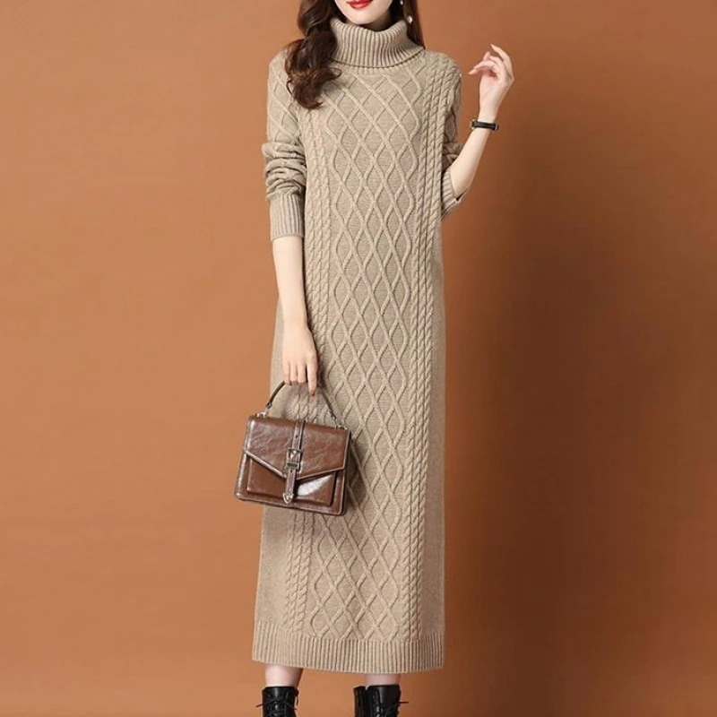 【柔らかくて優しい印象】 多色 シンプル 無地 ハイネック 切り替え 長袖 ニットワンピース