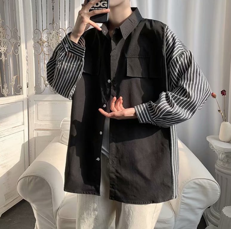 トップス 上着 人気 おすすめ おしゃれ お洒落 激安 安い プチプラ カジュアルシャツ 長袖 ロング 無地 ストライプ ドロップショルダー 重ね着風 レイヤード風 可愛い かわいい sh0