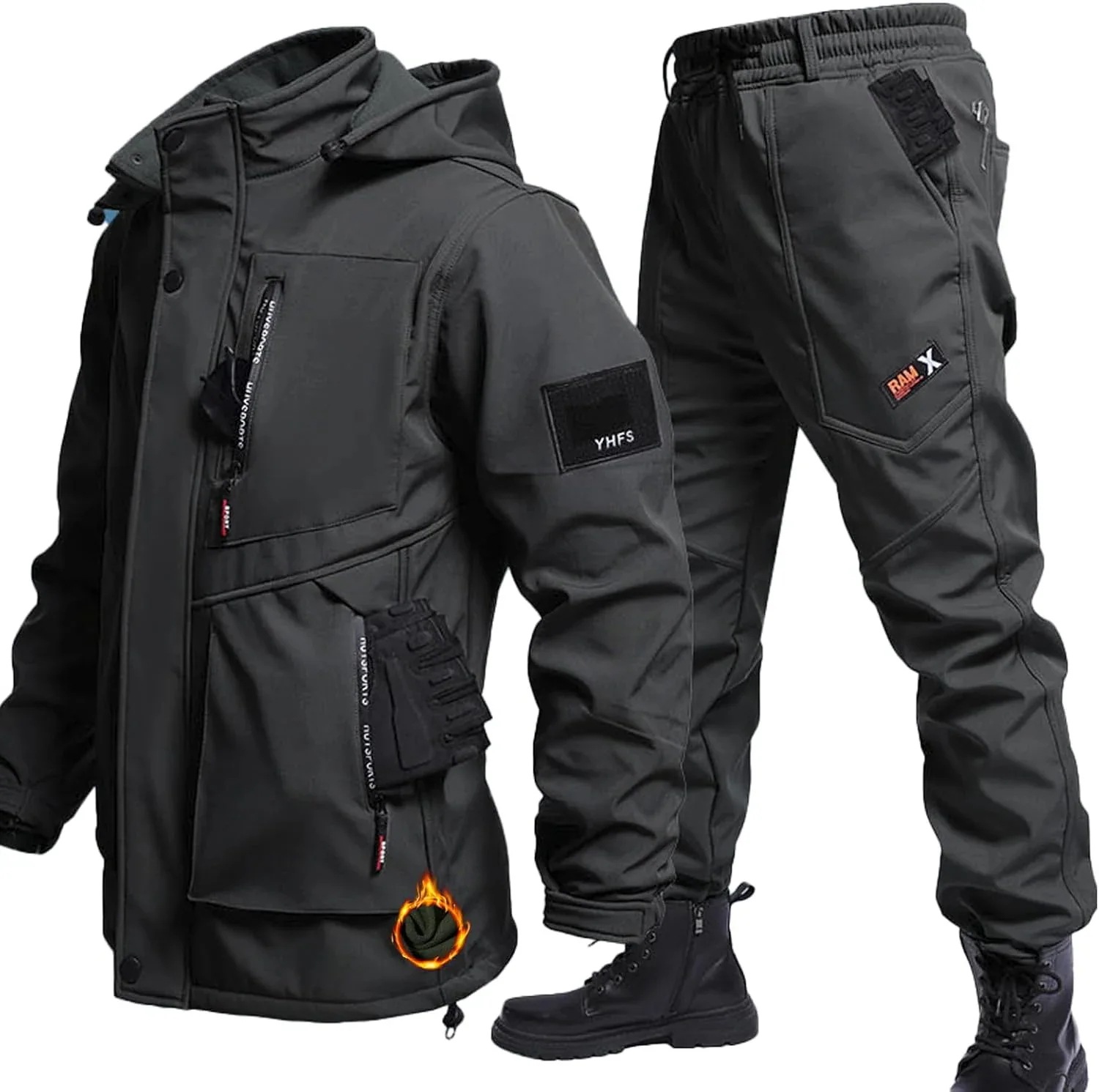 [ｉｎｏｔｅｎｋａ] アウトドアジャケット 上下セット メンズ 厚手 登山服 防寒着 360体温循環 ハイキングジャケット フード付き 裏起毛 撥水 防風 スキーウェア マウンテンパーカー