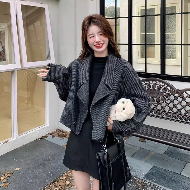 両面カシミアコート レディース ローピット ショート丈 ツイルヘリンボーン 両面ウールコート ジャケット