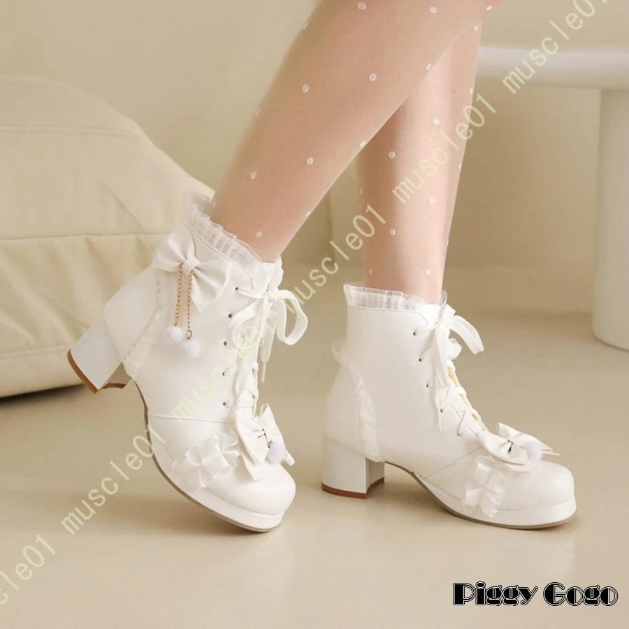 [大人気N0.1]姫系 ショートブーツ レディース ロリータ 革靴 パール飾り おしゃれ フリル レース 編み上げブーツ チャンキーヒール 厚底ブーツ おしゃれ 森ガール