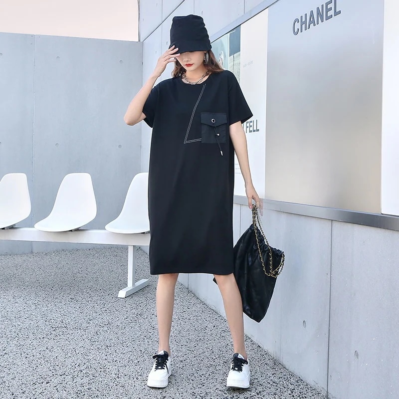 ワンピースブランド夏服レディース半袖tシャツワンピースブラックロンt韓国ファッションカジュアルブランド怠惰風着痩せ効果